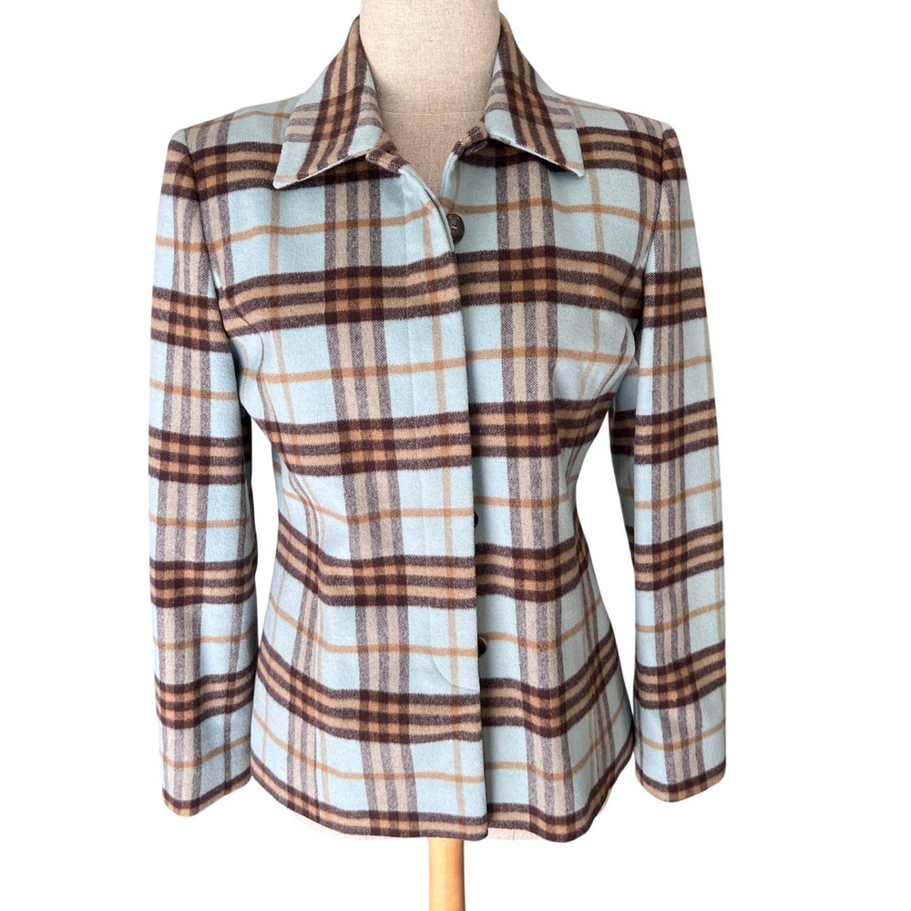 Doncaster Plaid Wool Angora Blazer Womens 2 Blue Brown Shoulder Pads Academia